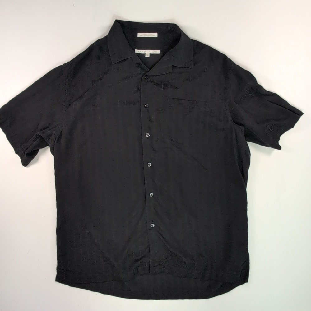 Perry Ellis Mens Large Black 100% Silk Short Sleeve Jacquard Button Up